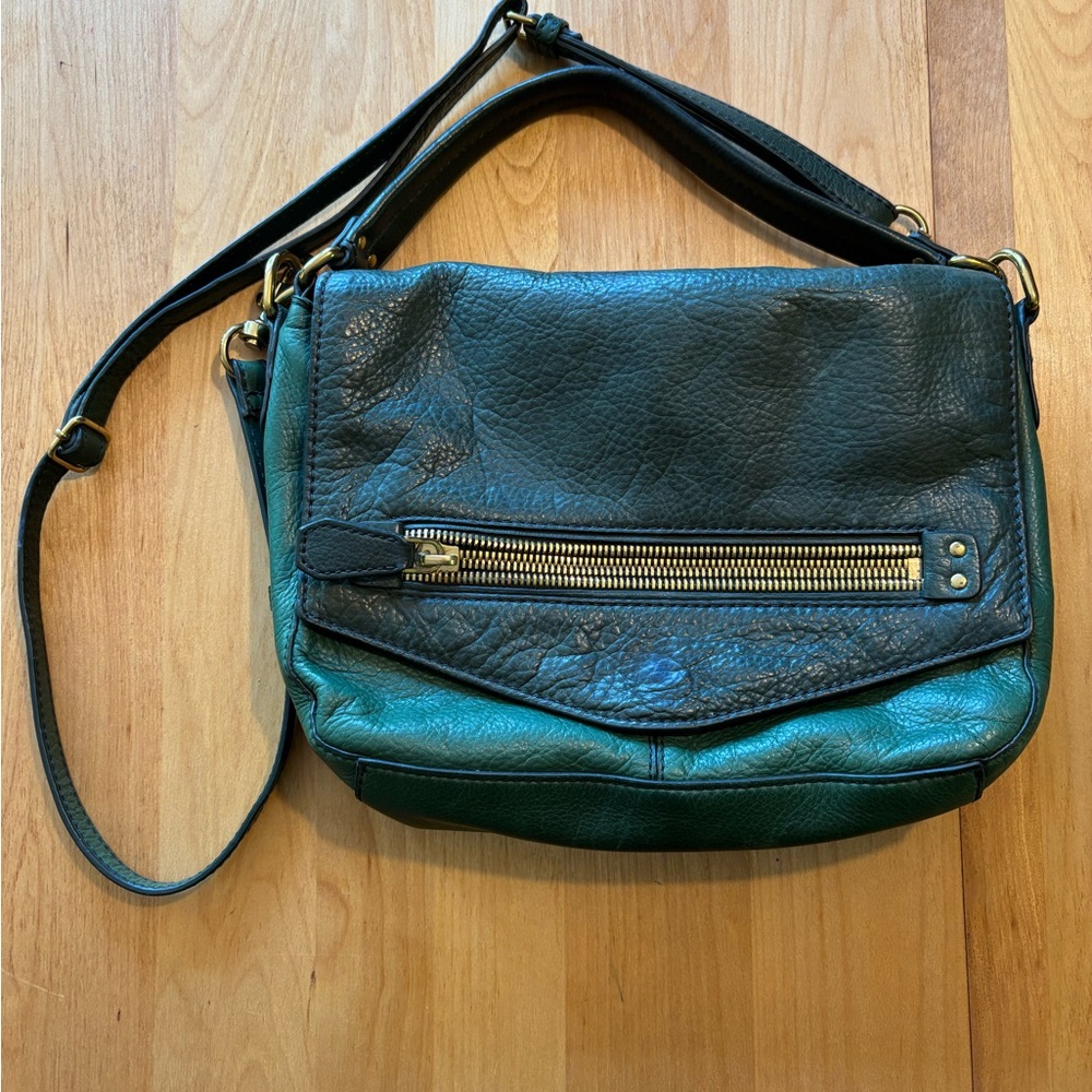 J. Crew Dark Green Leather Shoulder Crossbody Bag Zippers